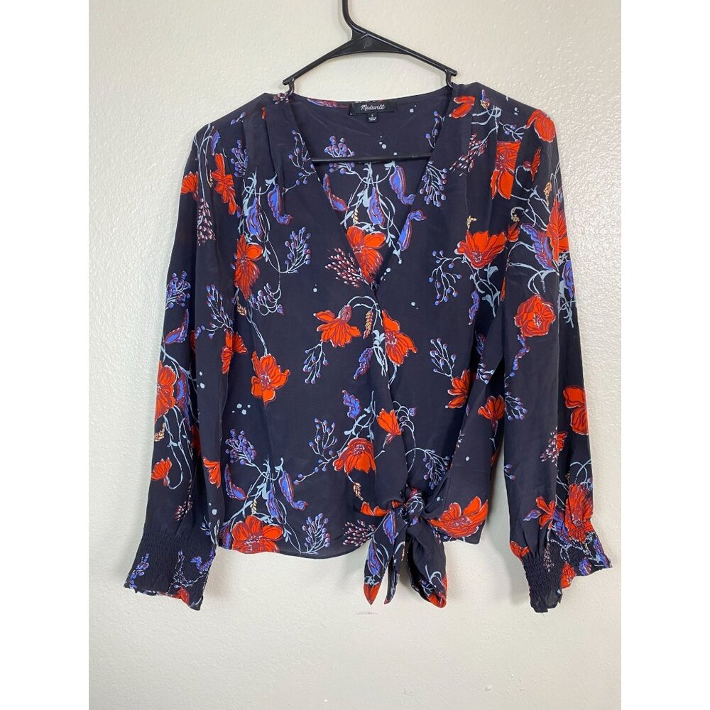 Madewell Silk Floral Wrap Tie Front Blouse Size Small Black Red Long Sleeve Boho